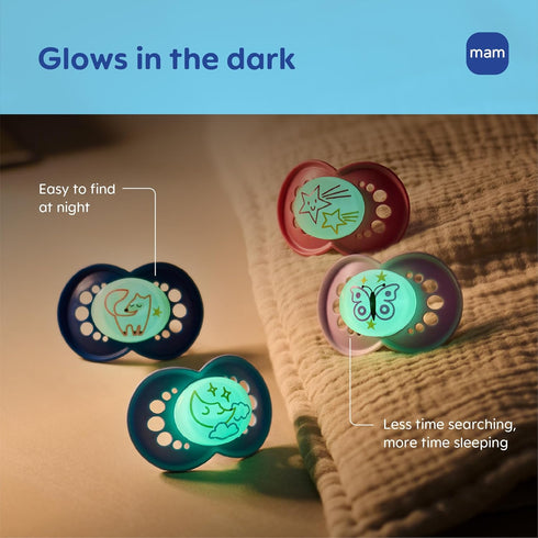 16+ 4 Count, MAM Original Baby Pacifiers Months, Binky for Newborn Babies, BPA-Free Skin Soft Silicone Nipple, Glows