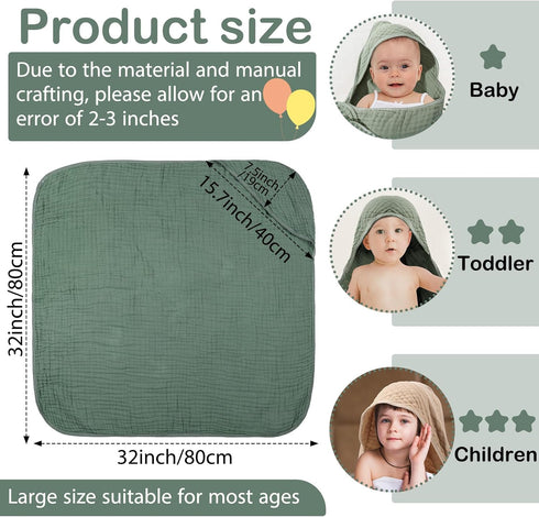 VitalCozy 6 (32 32 Inch,Beige,Sage Pcs Baby Muslin Hooded Bath Towels and Washcloths Muslin Cotton Hooded Baby Towels