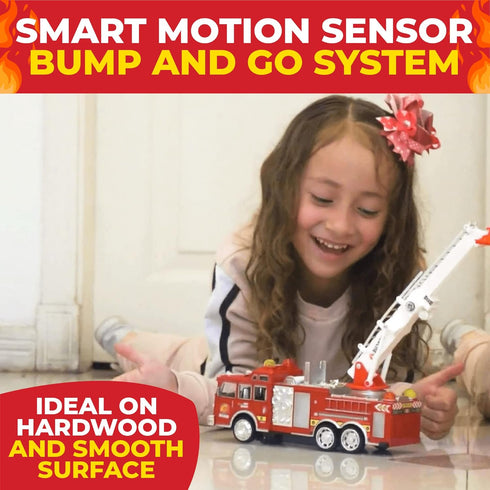 3-7+ Toysery Fire Truck Toy with Flashing Lights & Siren Sounds for Kids, Extendable Rotating Ladder, Bump and Go