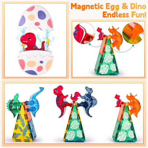 3-5, 3D 5-7, 3+ 4-8 8-12 Dinosaurs Egg Toys Magnetic Tiles Dinos for Kids Magnet Movable Animals Construction Tile