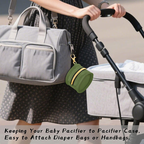 YETTASBIN Olive Green Portable Pacifier Holder Case with Metal Hook Buckle & Zipper for Diaper Bag and Stroller