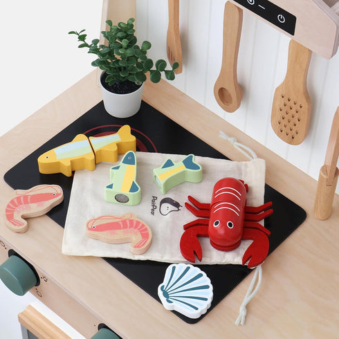 Set 3 PairPear Wooden Play Food Cutting Seafood - Toddlers Wooden Toy Food Pretend Play Kitchen Accessories for Years