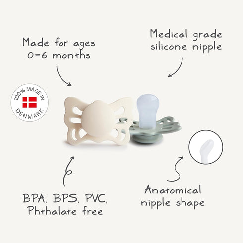 0-6 FRIGG Butterfly Anatomical SilkySoft Silicone Baby Pacifier | Made in Denmark | BPA-Free (Cream/Sage, Months)