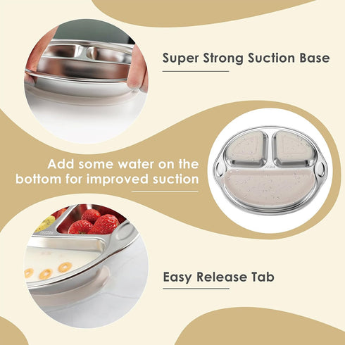 MR. CHOU Baby Plates with Suction - Stainless Steel Divided Toddler Plates, Compartment Suction Plate for High Chair