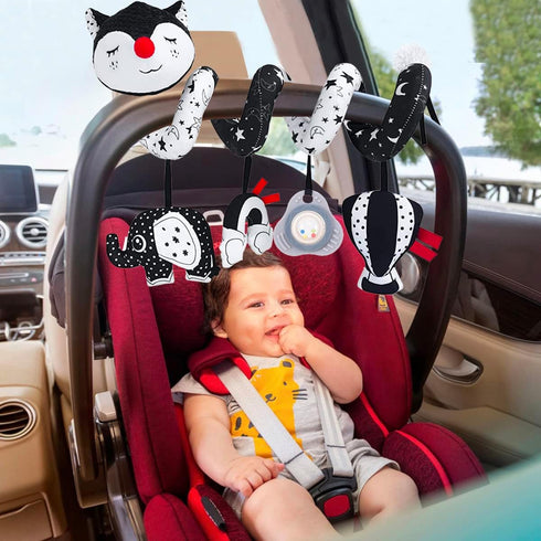 High Contrast Black and White Car Seat Toys for Infants 0-12 Months, Musical Black Fox Stroller Toys for Babies
