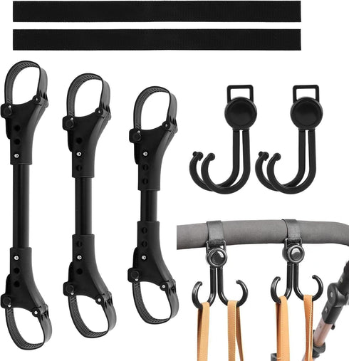 3pcs Stroller Connector with 2pcs Hook, Adjustable Length for Toddlers, Black