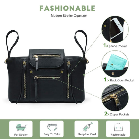 Black Stroller Organizer with Insulated Cup Holder Stroller Accessory Bag, Pacifier Holder Case with Clip, Pacifier