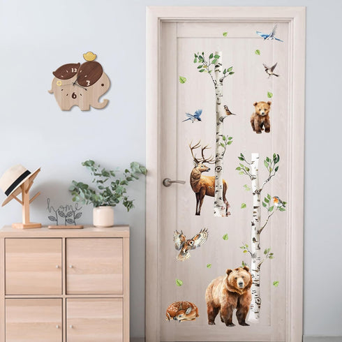 Mfault Forest Animal White Birch Tree Wall Decals Stickers, Woodland Bear Deer Hedgehog Owl Birds Baby Nursery Decor