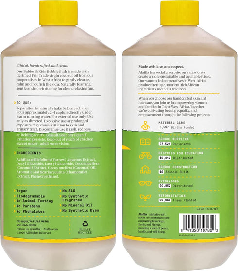 Alaffia Babies and Kids Bubble Bath, Gentle Baby Essentials for Delicate Skin, Cleansing & Calming Bubbles, Plant Based Formula, Vegan, Coconut Chamomile, 32 Fl Oz