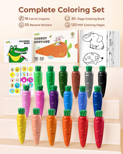18 1-3 30-Page 120 JUPITEARTH Carrot Crayons for Kids Colors, Non Toxic Beeswax Crayons for Toddlers with Coloring Book