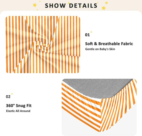 CZXW 52" 28" Stripes Orange White Crib Sheets Fitted x Natural Cotton Soft & Breathable for Baby Crib Mattress