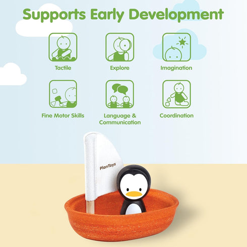 PlanToys Wooden Penguin Sailing Boat Bath Toy for Toddlers | Montessori Floating Toy for Kids | Eco-Friendly Baby Water