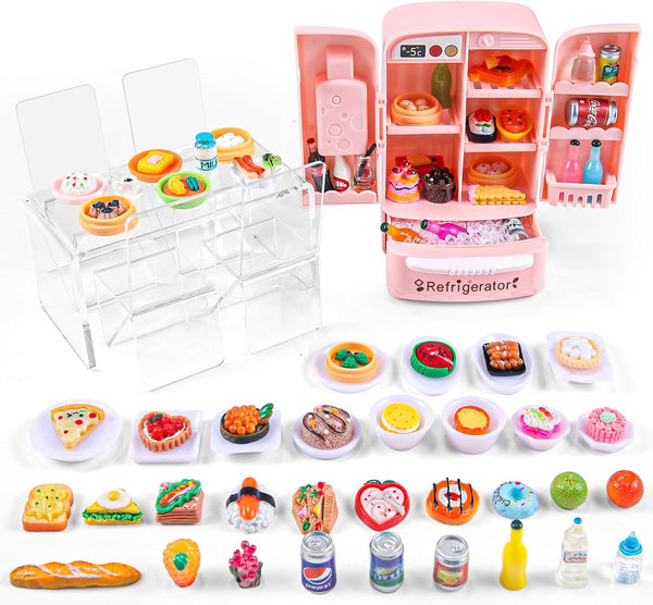 95 Pcs Dollhouse Refrigerator Mini Fridge Table Dining Car Toy with Food Set, Kitchen Furniture Miniatures for Children