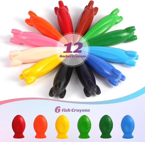 DreamyCandy Crayons,18PCS Set,Gift DreamCandy Rocket and Fish-Shaped Non Toxic Washable Toddler Crayons for Kids