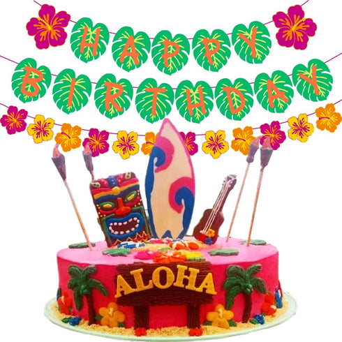 Hawaiian Party Happy Birthday Banner for Tropical Luau Party Decorations with Palm Leaf