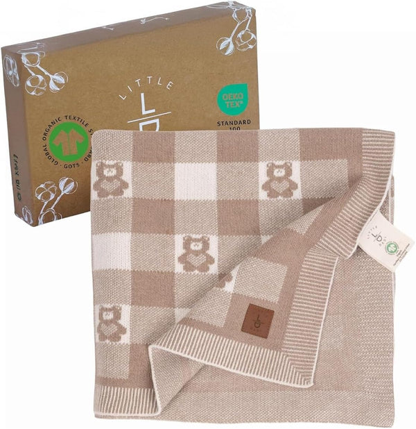Gender-Neutral Checkered Baby Blanket 30x40 Inches, Mocha Teddy Bear 100% Organic GOTS