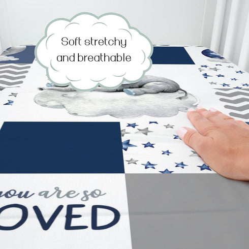 52 28 HawSkgFub Navy Blue Sleeping Elephant Fitted Standard Crib Sheet Baby Boy, Dream Big Little One You are So Loved