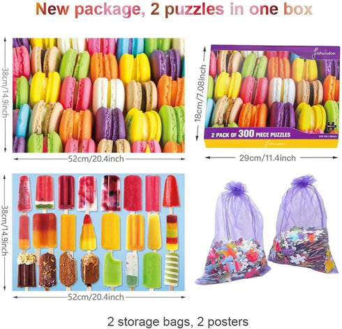 300 Piece Jigsaw Puzzles Popsicles and Macarons, Happy Gift Idea for Adults, Teens, and Kids (Pack of 2)