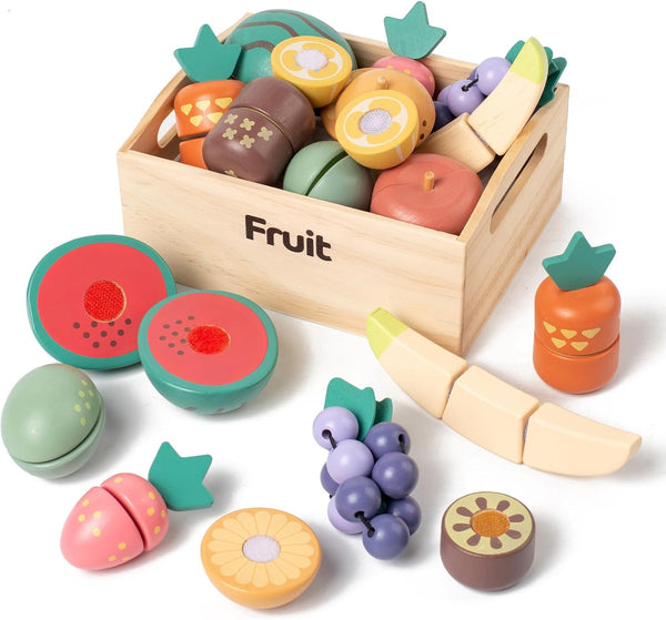10 PCS Fruit Wooden Play Food Set for Kids Kitchen, Wooden Cutting
