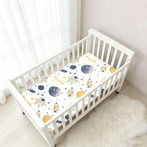miaozhen 1 Pack 52x28 Cotton Crib Sheets for Baby Boys Girls Soft Comfy Space Ship Moon Handdrawn Crib Mattress Sheet