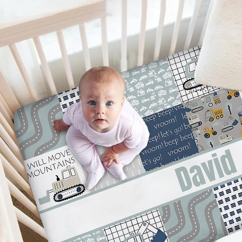 Noverbibi Set, 2 Sets, Personalized Baby Crib Bedding Construction Mountains Theme, Piece Crib Bedding Standard Crib