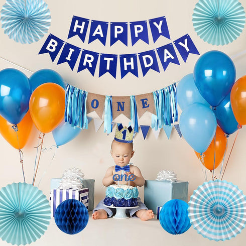 Burlap Baby Boy's 1st Birthday Decoration - Handmade Crown, High Chair Banner, Cake Topper, Tie