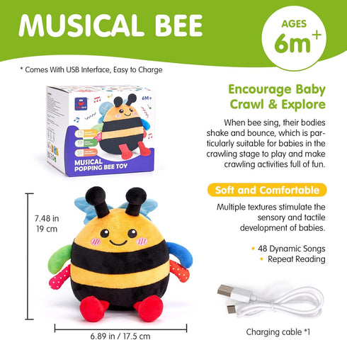 6 12 18 Tummy 1 2 3 hahaland Baby Toy for + Months Crawling Musical Dancing Bouncing Learning Bee Plush, Interactive