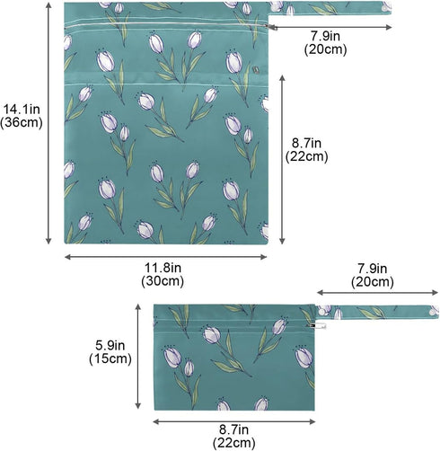 Burbuja 2 Pack, 2 Flowers on Teal Wet Dry Bags for Baby Cloth Diaper Waterproof Reusable Wet Bag with Zippered Pockets