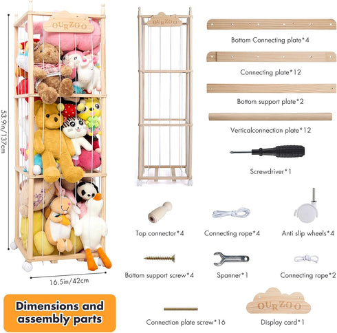 Nuoex Stuffed Animal Storage, Wooden Zoo Toy Storage Holder with Wheels, Extra Large Capacity Stuffed Animals Organizer