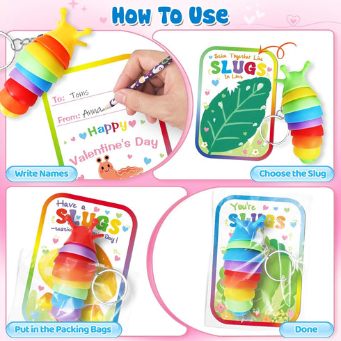 Kids,24 Pack AuroTops Valentines Day Cards for Cute Keychains Bulk Sensory Slug Fidget Toys with Valentines Cards