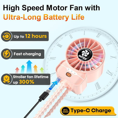 4 AMTIFO Pink Stroller Fan - USB Rechargeable, Quiet Cooling, Adjustable Speeds, Portable Baby Fan for Strollers, Car