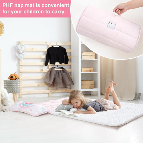 PHF Toddler Nap Mat with Removable Pillow and Minky Fleece Blanket, 50"x20"x2" Rollup Design for Kids