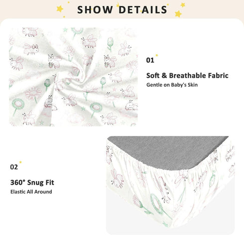 miaozhen 1 Pack 52x28 Cotton Baby Crib Sheets Comfy Breathable Pink and Green Daisy Flower and Bee Toddler Mattresses