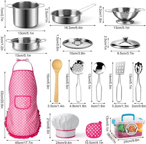 26PCS Set, Tigerhu Play Kitchen Accessories, Kitchen Pretend Play Cooking Toys w/ Stainless Steel Cookware, Apron