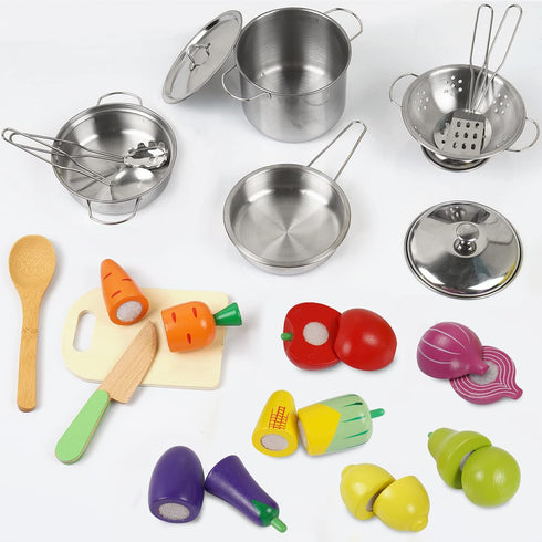 Set Playset Sundaymot Play Kitchen Accessories, Wooden Play Food, Cooking with Stainless Steel Cookware Pots and Pans
