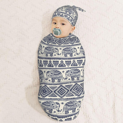Vintage Elephant Newborn Swaddle Blanket and Hat Set, Soft Baby Receiving Blanket Swaddle Sack for Gift