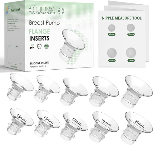 Dwelio Flange Sizing Kit with 10PCS Silicone Flange Inserts 13/15/17/19/21mm, Nipple Ruler Card,