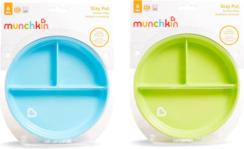 Munchkin Stay Put Suction Plates - Baby and Toddler, 3 Divided Sections, Blue/Green