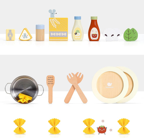 Playset, Set 3+Years Pillowhale Pasta Food Toys, Wooden Play Kitchen Food , Play Food with Pots and Pans Kids Pretend