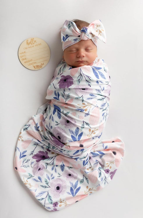 Newborn Baby Girl Receiving Blanket | Stretchy Knit Swaddle Set with Matching Headband & Name Card (Pink & Purple