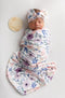 Newborn Baby Girl Receiving Blanket | Stretchy Knit Swaddle Set with Matching Headband & Name Card (Pink & Purple