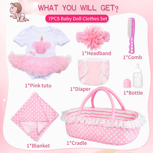 7 Set 17-22 Inch PEDOLLTREE Reborn Baby Dolls Clothes Girl Outfit Accessories Pink Tutu Pcs for Reborn Doll Newborn