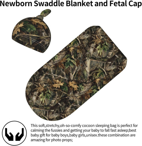 Nanyizly Set 0-6m Camouflage Leaves Newborns Beanie Swaddle Blanket Baby Receiving Blankets for Infant Boy Girl Swaddle