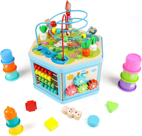 Wooden Activity Cube for 1 Year Old Kids, Educational Bead Maze for Toddler Age 1-3, Montessori Gift