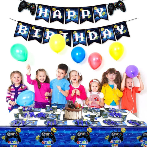 Gamer Birthday Decoration Kit - Video Game Party Supplies for Boys, Includes HAPPY BIRTHDAY Banner, Plates, Cups,