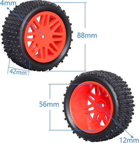 Preglued 12mm Hex Wheel Rims Rubber Tires with Foam Inserts, OD 86mm/3.38" for Traxxas Bandit WLtoys 144001 Redcat 1/10