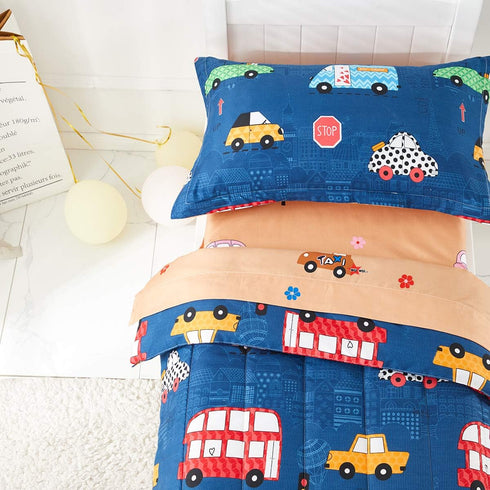 Boys Toddler Bedding Set Navy with Colorful Cars Includes 1 Boys Comforter,