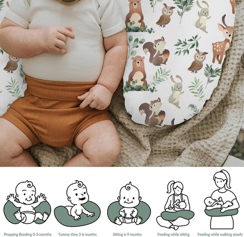 Cute Animals Green Leaf Baby Nursing Pillow Covers for Boy Girl Bear Deer Squirrel Raccoon Owl Boho Leaves Nursing
