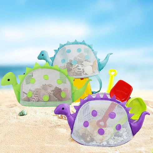 AUONY Swimming Beach Toy Mesh Beach Bag Kids Shell Bag Dinosaur Beach Sand Toy Totes for Holding Shells Beach Toys Sand