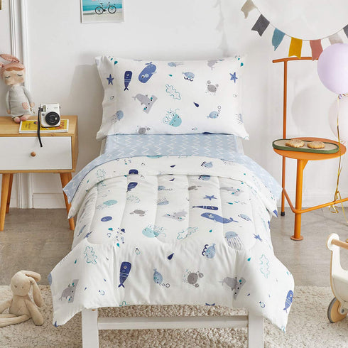 Joyreap 4 Set Piece Cotton Toddler Bedding for Kids Boys n Girls, Ocean Style Starfish Whale Crab Printed, Includes